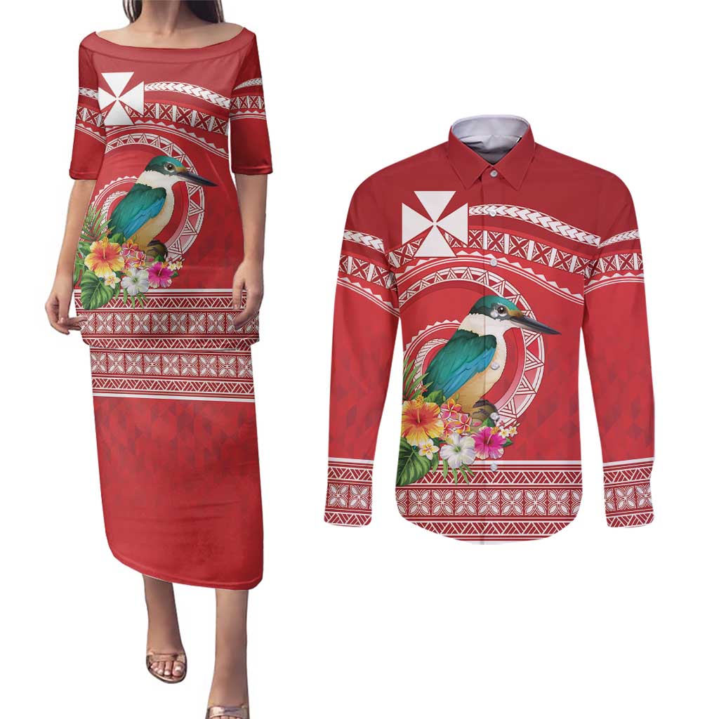 Wallis et Futuna Kingfisher Couples Matching Puletasi and Long Sleeve Button Shirt Polynesian Tropical Flowers