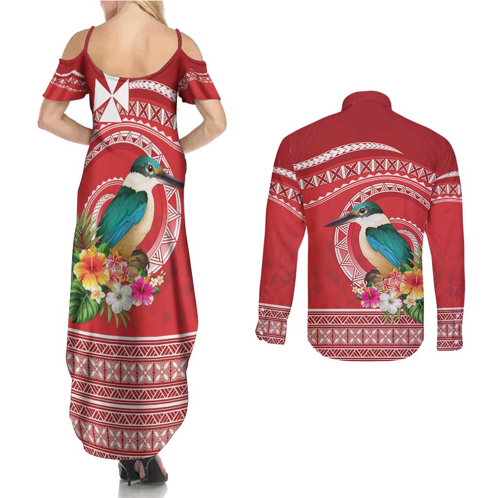 Wallis et Futuna Kingfisher Couples Matching Summer Maxi Dress and Long Sleeve Button Shirt Polynesian Tropical Flowers