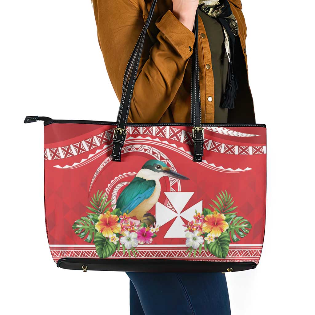 Wallis et Futuna Kingfisher Leather Tote Bag Polynesian Tropical Flowers
