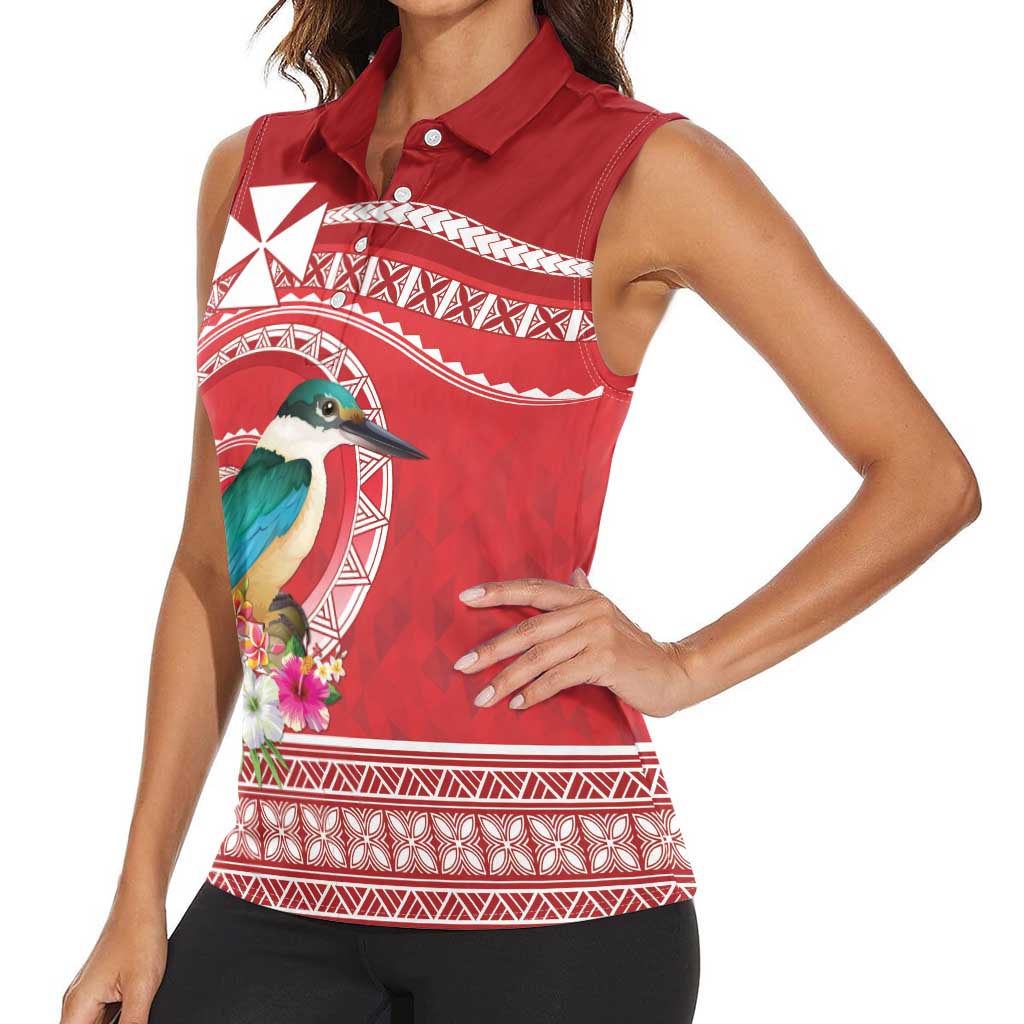 Wallis et Futuna Kingfisher Women Sleeveless Polo Shirt Polynesian Tropical Flowers