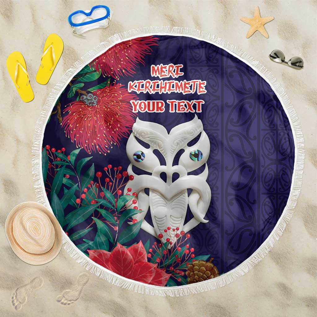 Maori Wheku Meri Kirihimete Personalised Beach Blanket All Blue Indigenous Maori Motif - Polynesian Pride