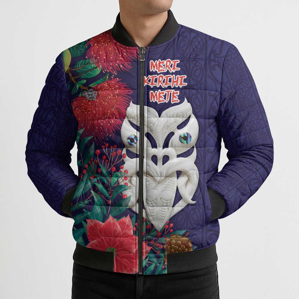 Maori Wheku Meri Kirihimete Personalised Bomber Puffer Jacket All Blue Indigenous Maori Motif - Polynesian Pride