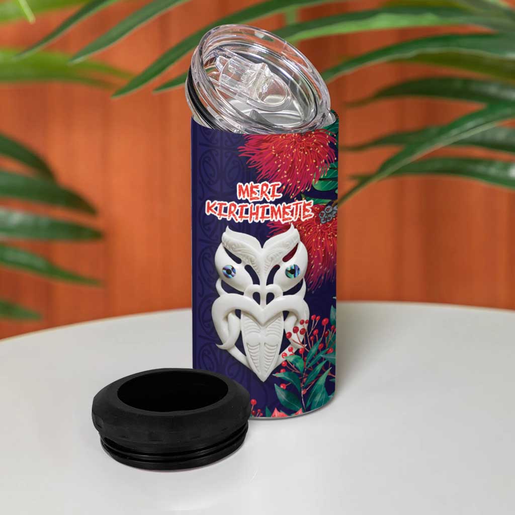 Maori Wheku Meri Kirihimete Personalised 4 in 1 Can Cooler Tumbler All Blue Indigenous Maori Motif - Polynesian Pride
