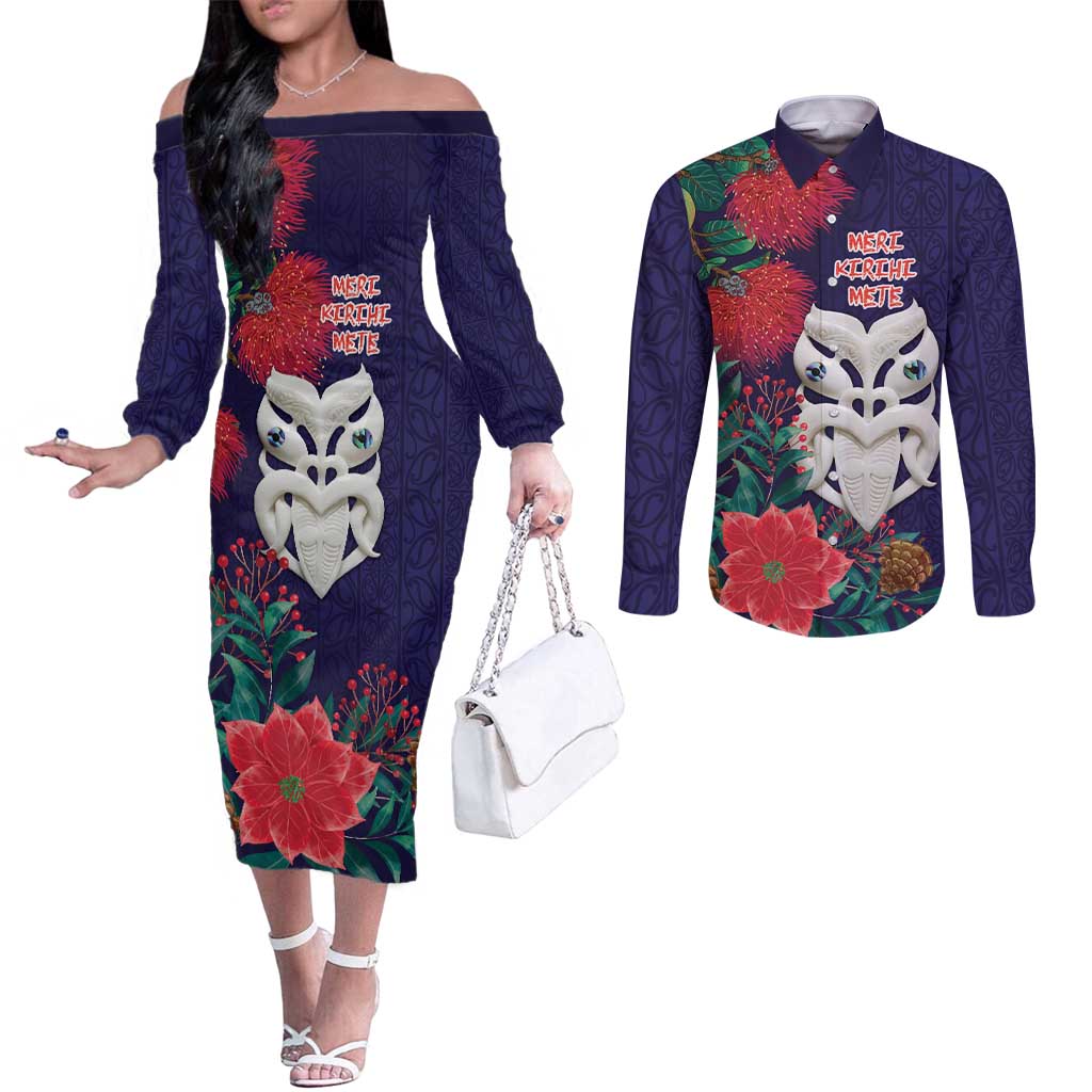 Maori Wheku Meri Kirihimete Personalised Couples Matching Off The Shoulder Long Sleeve Dress and Long Sleeve Button Shirt All Blue Indigenous Maori Motif - Polynesian Pride