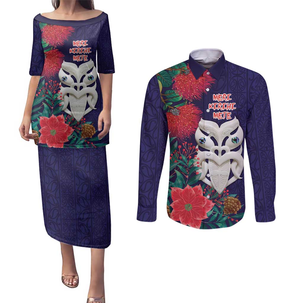 Maori Wheku Meri Kirihimete Personalised Couples Matching Puletasi and Long Sleeve Button Shirt All Blue Indigenous Maori Motif - Polynesian Pride