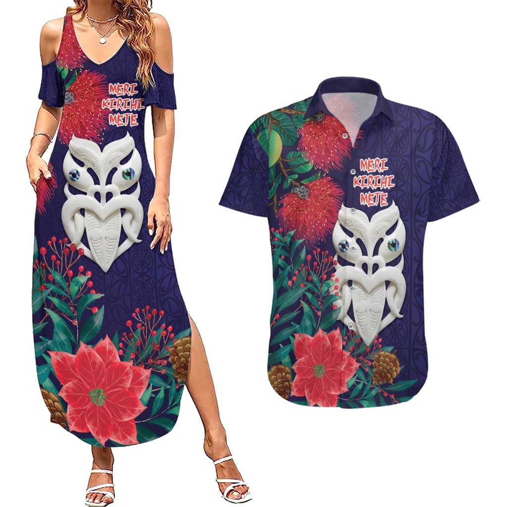 Maori Wheku Meri Kirihimete Personalised Couples Matching Summer Maxi Dress and Hawaiian Shirt All Blue Indigenous Maori Motif - Polynesian Pride