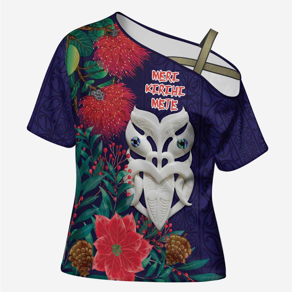 Maori Wheku Meri Kirihimete Personalised Cross Shoulder Shirt All Blue Indigenous Maori Motif - Polynesian Pride