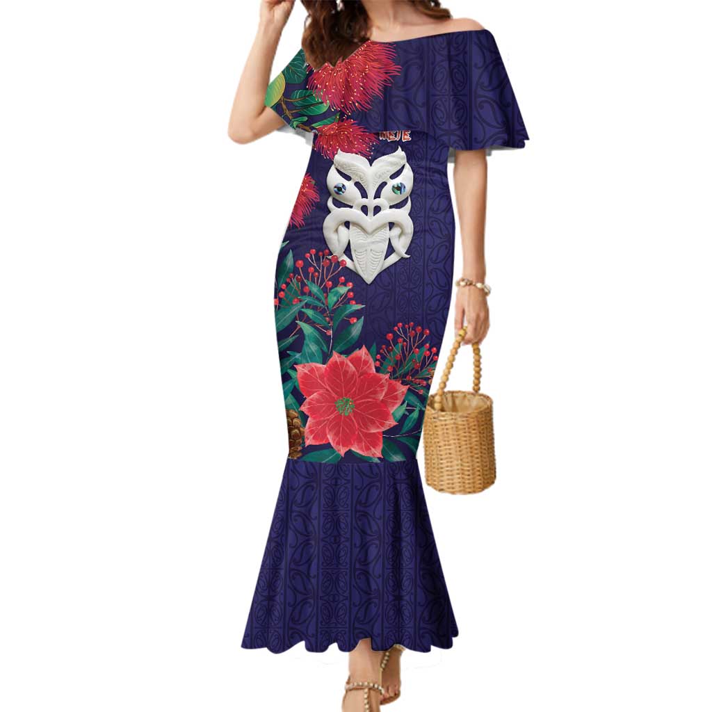 Maori Wheku Meri Kirihimete Personalised Family Matching Mermaid Dress and Hawaiian Shirt All Blue Indigenous Maori Motif - Polynesian Pride