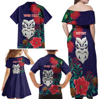 Maori Wheku Meri Kirihimete Personalised Family Matching Off Shoulder Maxi Dress and Hawaiian Shirt All Blue Indigenous Maori Motif - Polynesian Pride