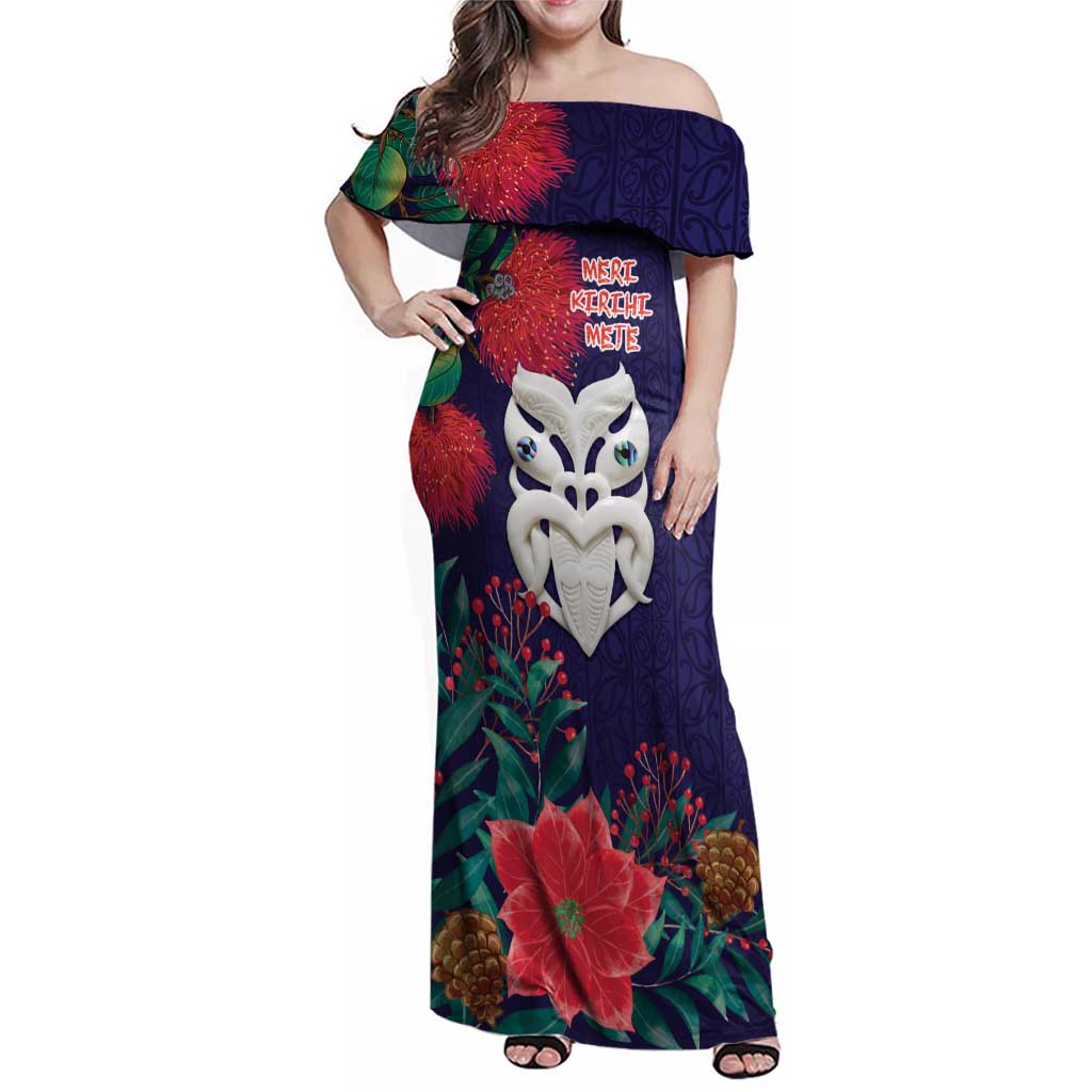Maori Wheku Meri Kirihimete Personalised Family Matching Off Shoulder Maxi Dress and Hawaiian Shirt All Blue Indigenous Maori Motif - Polynesian Pride