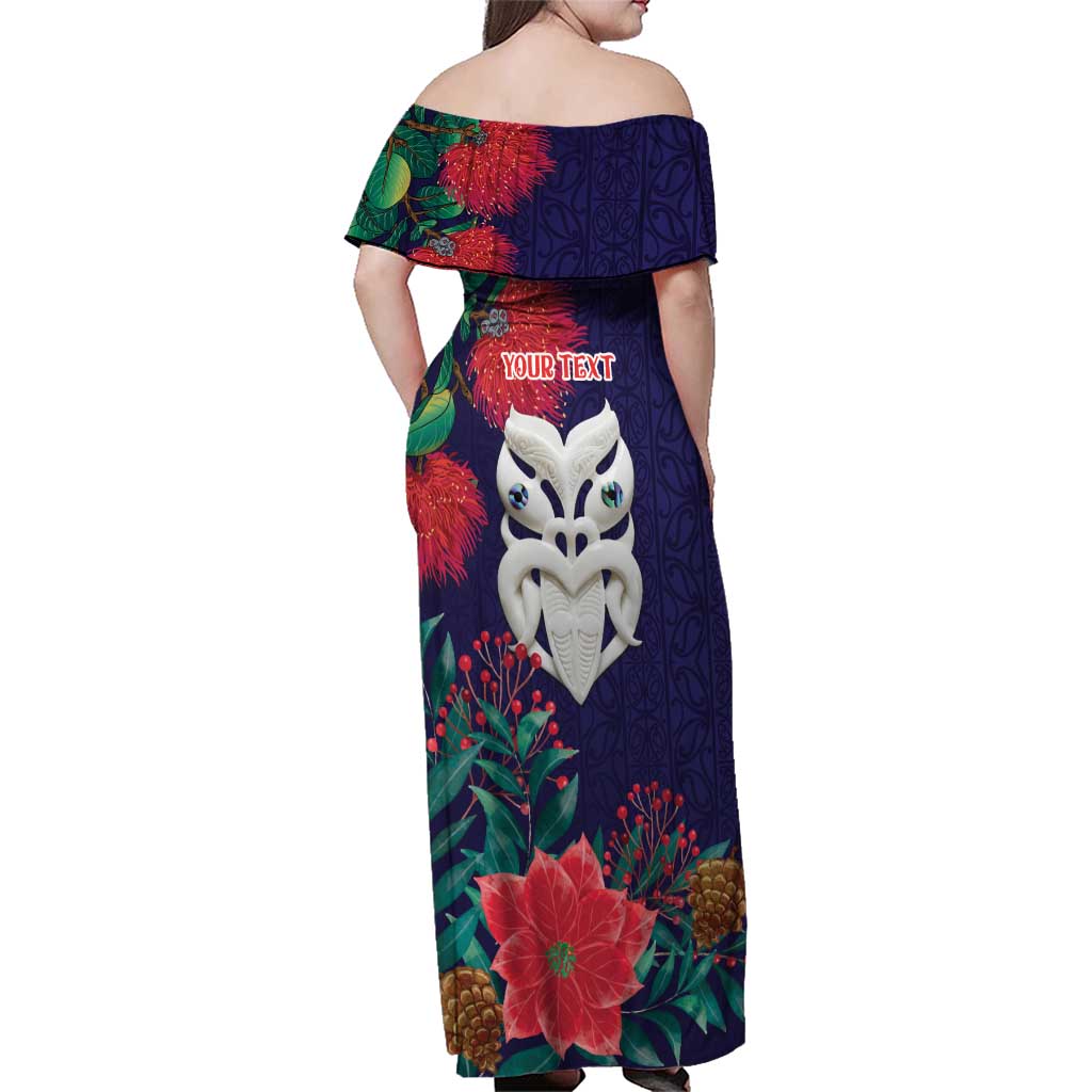 Maori Wheku Meri Kirihimete Personalised Family Matching Off Shoulder Maxi Dress and Hawaiian Shirt All Blue Indigenous Maori Motif - Polynesian Pride