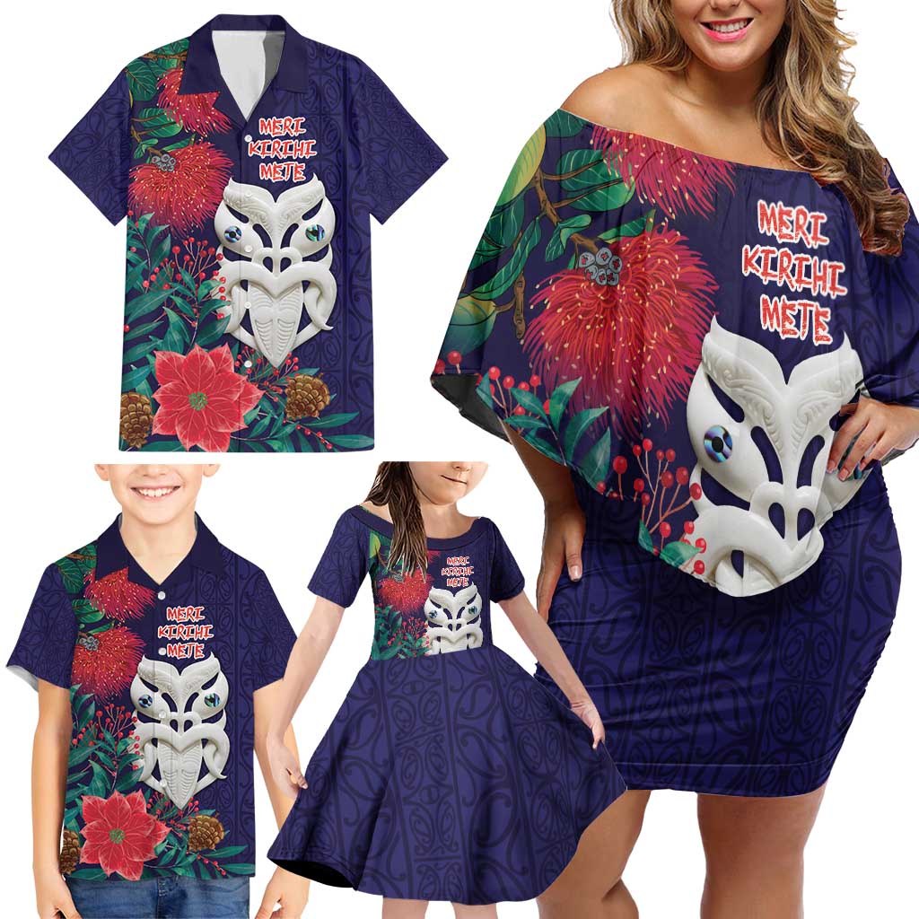 Maori Wheku Meri Kirihimete Personalised Family Matching Off Shoulder Short Dress and Hawaiian Shirt All Blue Indigenous Maori Motif - Polynesian Pride