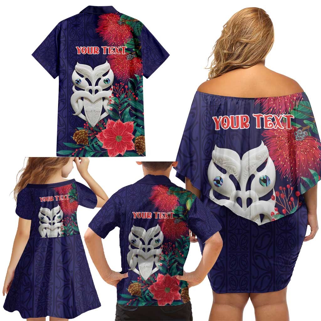 Maori Wheku Meri Kirihimete Personalised Family Matching Off Shoulder Short Dress and Hawaiian Shirt All Blue Indigenous Maori Motif - Polynesian Pride