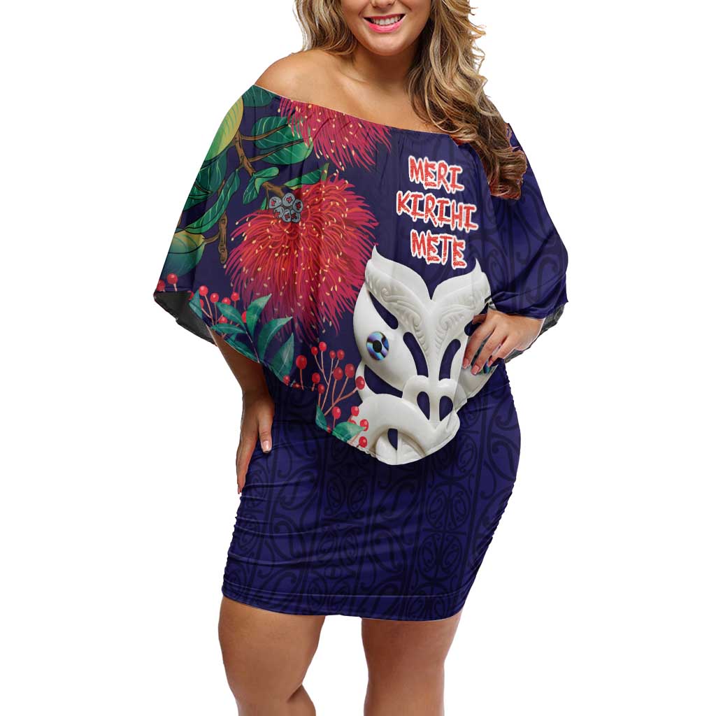 Maori Wheku Meri Kirihimete Personalised Family Matching Off Shoulder Short Dress and Hawaiian Shirt All Blue Indigenous Maori Motif - Polynesian Pride