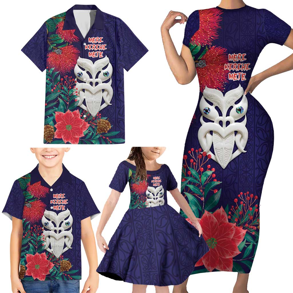Maori Wheku Meri Kirihimete Personalised Family Matching Short Sleeve Bodycon Dress and Hawaiian Shirt All Blue Indigenous Maori Motif - Polynesian Pride