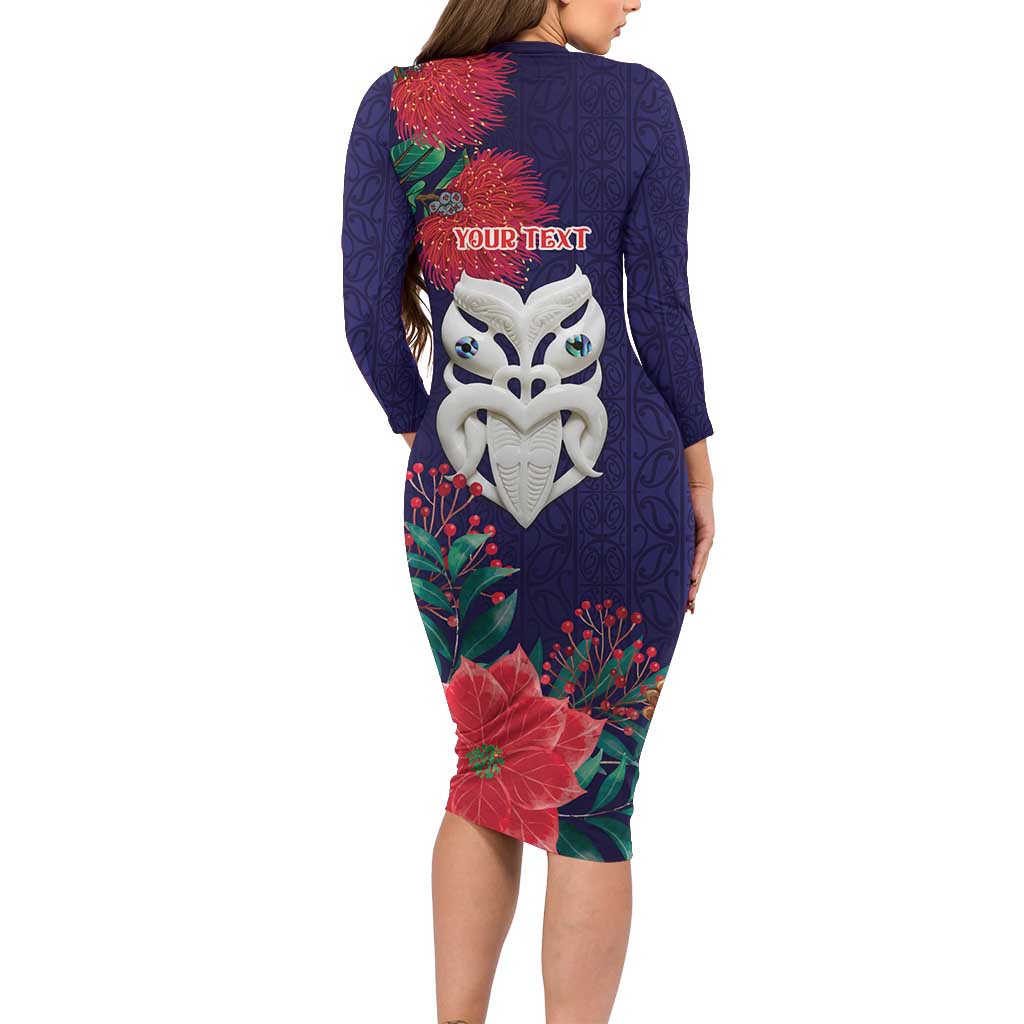 Maori Wheku Meri Kirihimete Personalised Long Sleeve Bodycon Dress All Blue Indigenous Maori Motif - Polynesian Pride