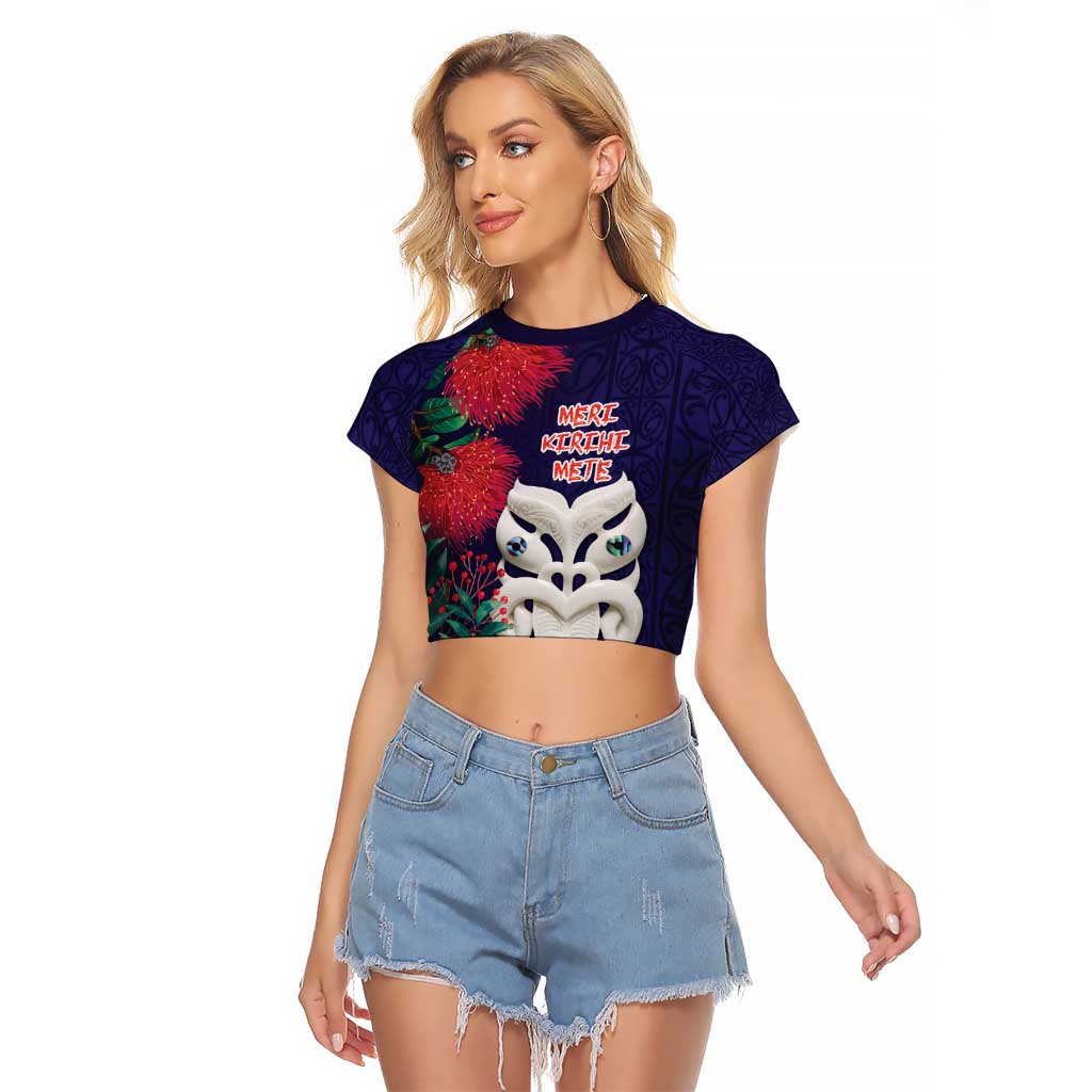 Maori Wheku Meri Kirihimete Personalised Raglan Cropped T Shirt All Blue Indigenous Maori Motif - Polynesian Pride