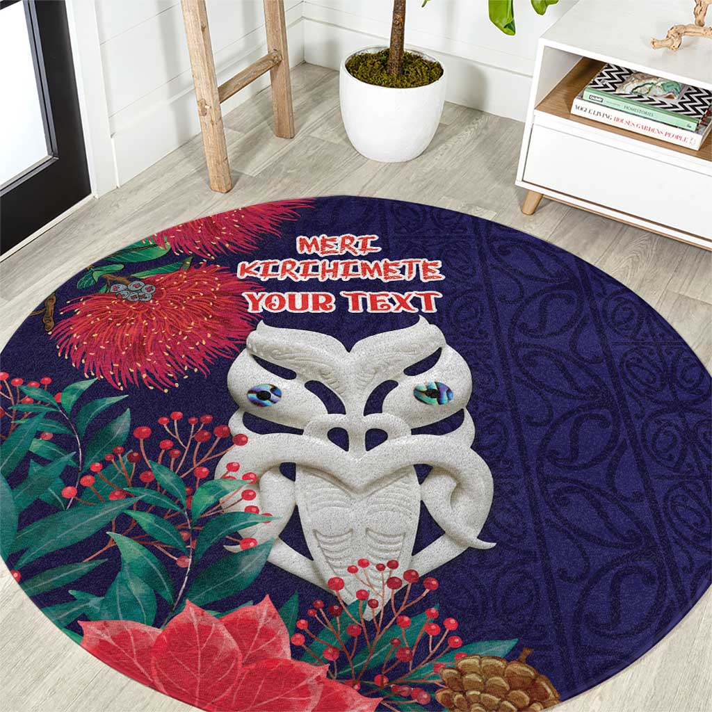 Maori Wheku Meri Kirihimete Personalised Round Carpet All Blue Indigenous Maori Motif - Polynesian Pride