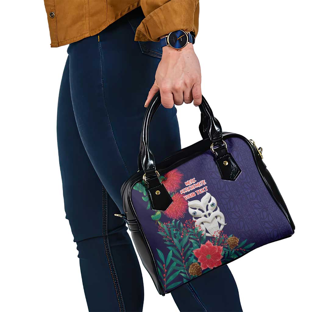 Maori Wheku Meri Kirihimete Personalised Shoulder Handbag All Blue Indigenous Maori Motif - Polynesian Pride
