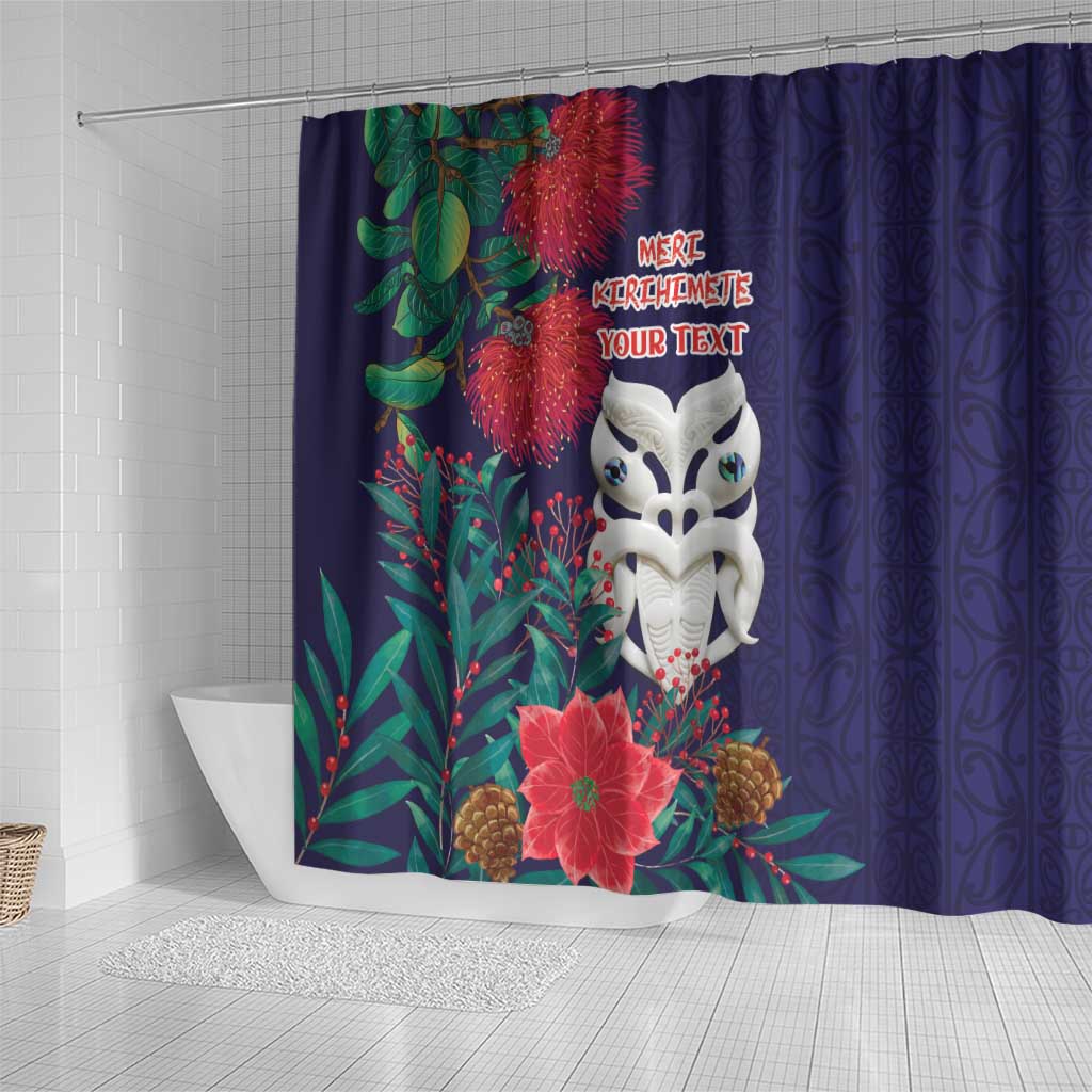 Maori Wheku Meri Kirihimete Personalised Shower Curtain All Blue Indigenous Maori Motif - Polynesian Pride