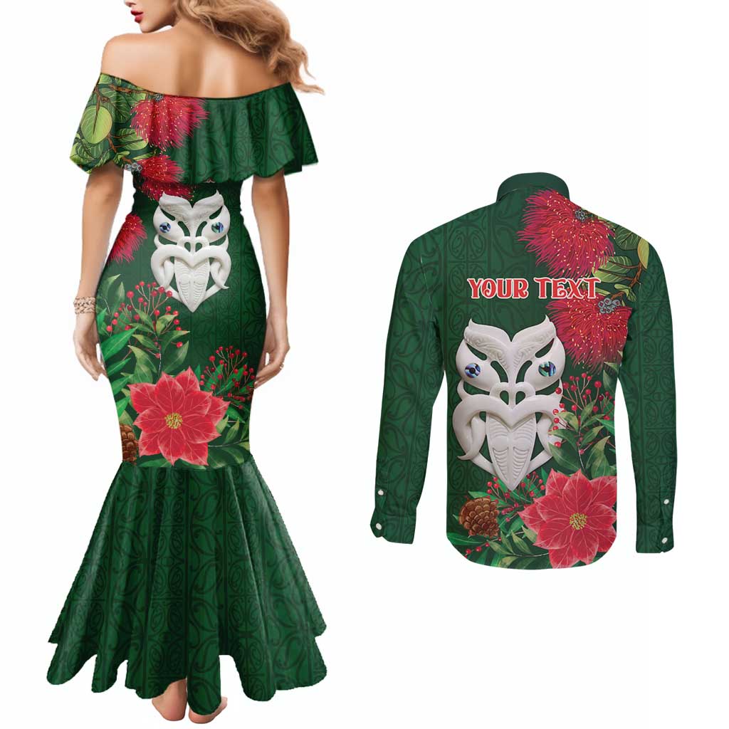 Maori Wheku Meri Kirihimete Personalised Couples Matching Mermaid Dress and Long Sleeve Button Shirt All Green Indigenous Maori Motif - Polynesian Pride