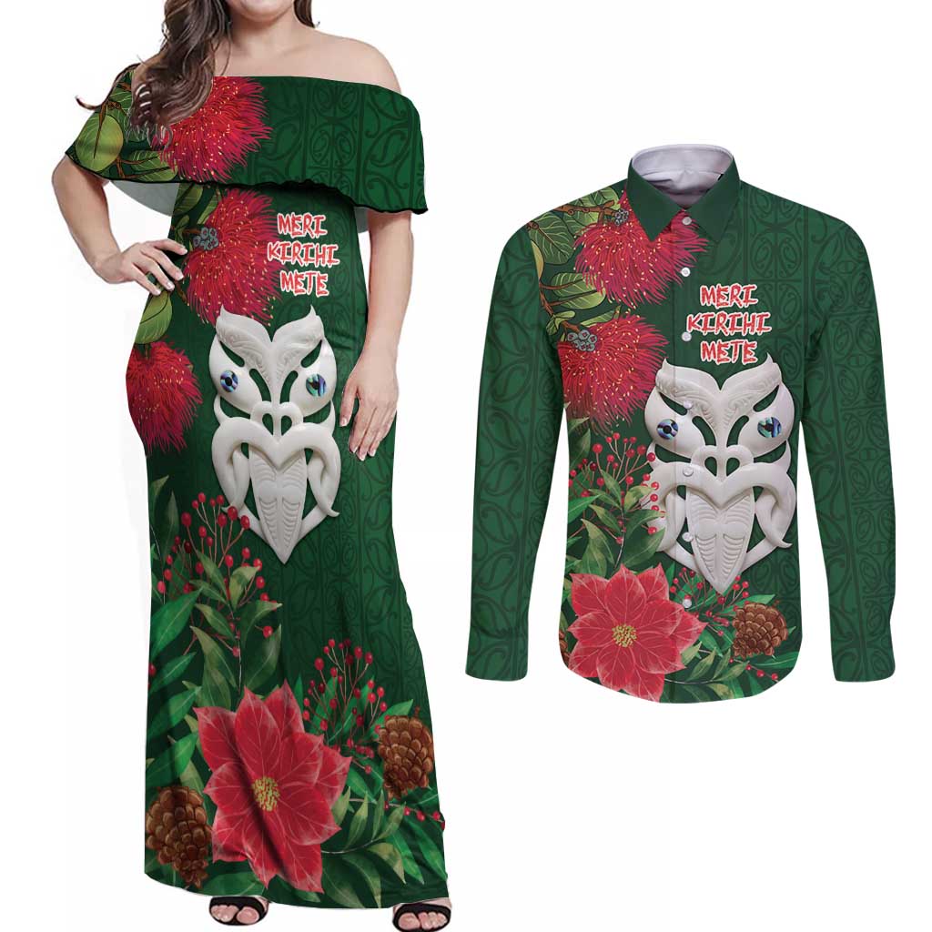 Maori Wheku Meri Kirihimete Personalised Couples Matching Off Shoulder Maxi Dress and Long Sleeve Button Shirt All Green Indigenous Maori Motif - Polynesian Pride