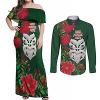 Maori Wheku Meri Kirihimete Personalised Couples Matching Off Shoulder Maxi Dress and Long Sleeve Button Shirt All Green Indigenous Maori Motif - Polynesian Pride