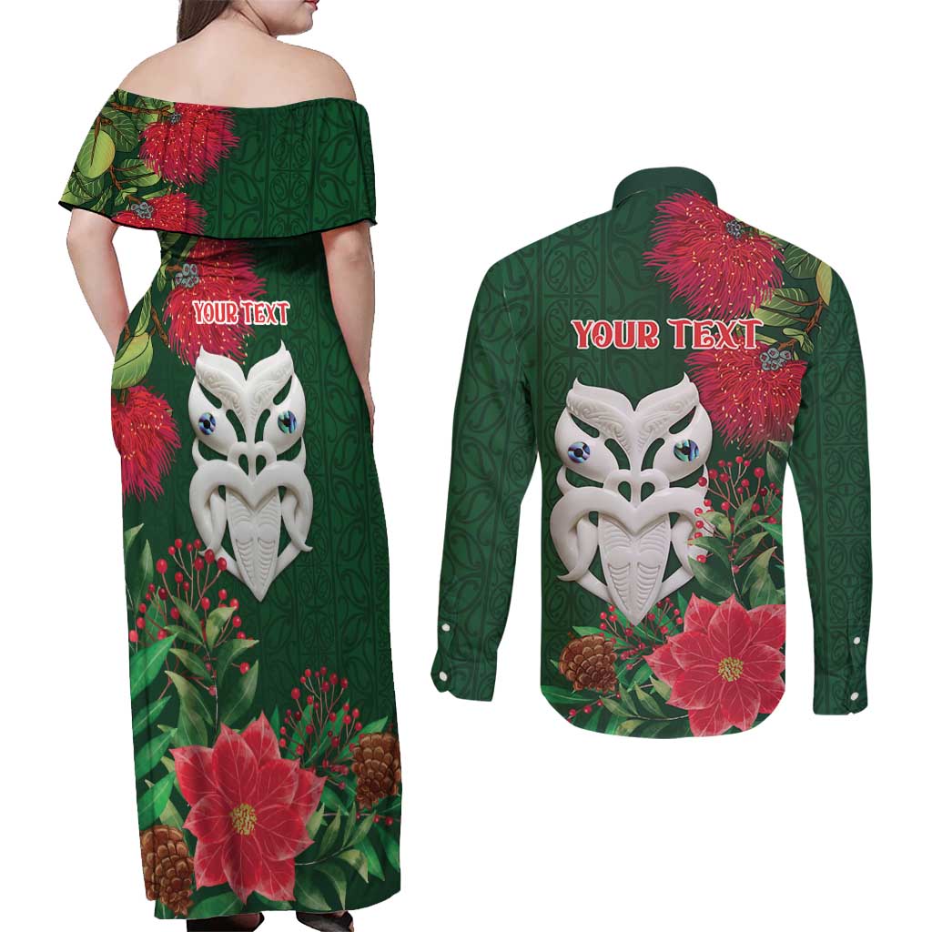 Maori Wheku Meri Kirihimete Personalised Couples Matching Off Shoulder Maxi Dress and Long Sleeve Button Shirt All Green Indigenous Maori Motif - Polynesian Pride