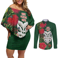 Maori Wheku Meri Kirihimete Personalised Couples Matching Off Shoulder Short Dress and Long Sleeve Button Shirt All Green Indigenous Maori Motif - Polynesian Pride