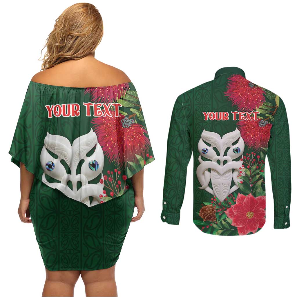 Maori Wheku Meri Kirihimete Personalised Couples Matching Off Shoulder Short Dress and Long Sleeve Button Shirt All Green Indigenous Maori Motif - Polynesian Pride