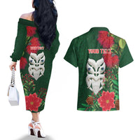 Maori Wheku Meri Kirihimete Personalised Couples Matching Off The Shoulder Long Sleeve Dress and Hawaiian Shirt All Green Indigenous Maori Motif - Polynesian Pride