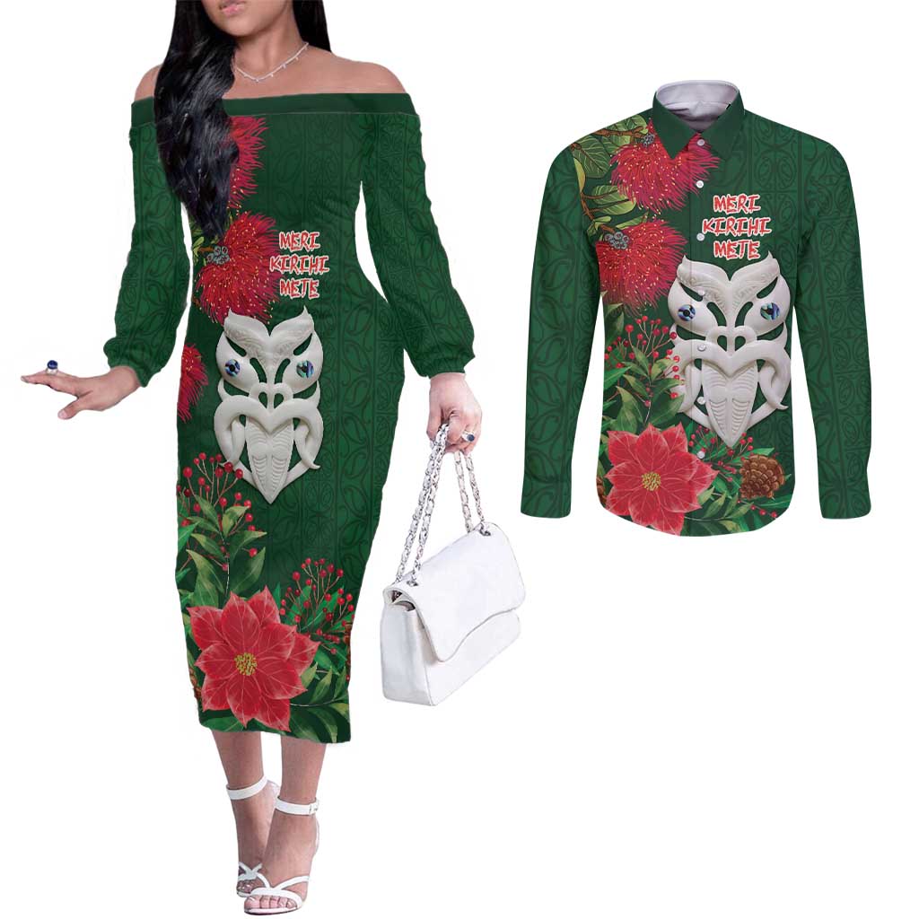 Maori Wheku Meri Kirihimete Personalised Couples Matching Off The Shoulder Long Sleeve Dress and Long Sleeve Button Shirt All Green Indigenous Maori Motif - Polynesian Pride
