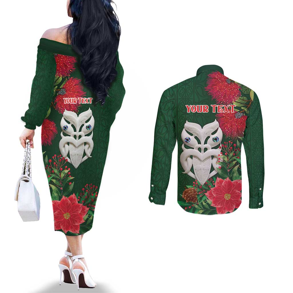 Maori Wheku Meri Kirihimete Personalised Couples Matching Off The Shoulder Long Sleeve Dress and Long Sleeve Button Shirt All Green Indigenous Maori Motif - Polynesian Pride