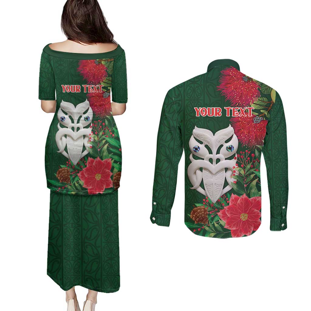Maori Wheku Meri Kirihimete Personalised Couples Matching Puletasi and Long Sleeve Button Shirt All Green Indigenous Maori Motif - Polynesian Pride
