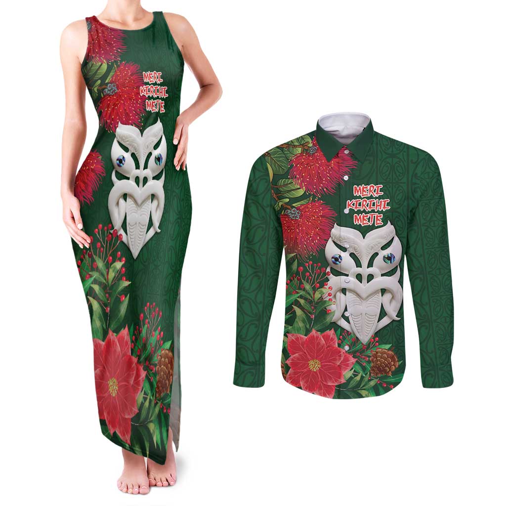 Maori Wheku Meri Kirihimete Personalised Couples Matching Tank Maxi Dress and Long Sleeve Button Shirt All Green Indigenous Maori Motif - Polynesian Pride