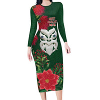 Maori Wheku Meri Kirihimete Personalised Family Matching Long Sleeve Bodycon Dress and Hawaiian Shirt All Green Indigenous Maori Motif - Polynesian Pride