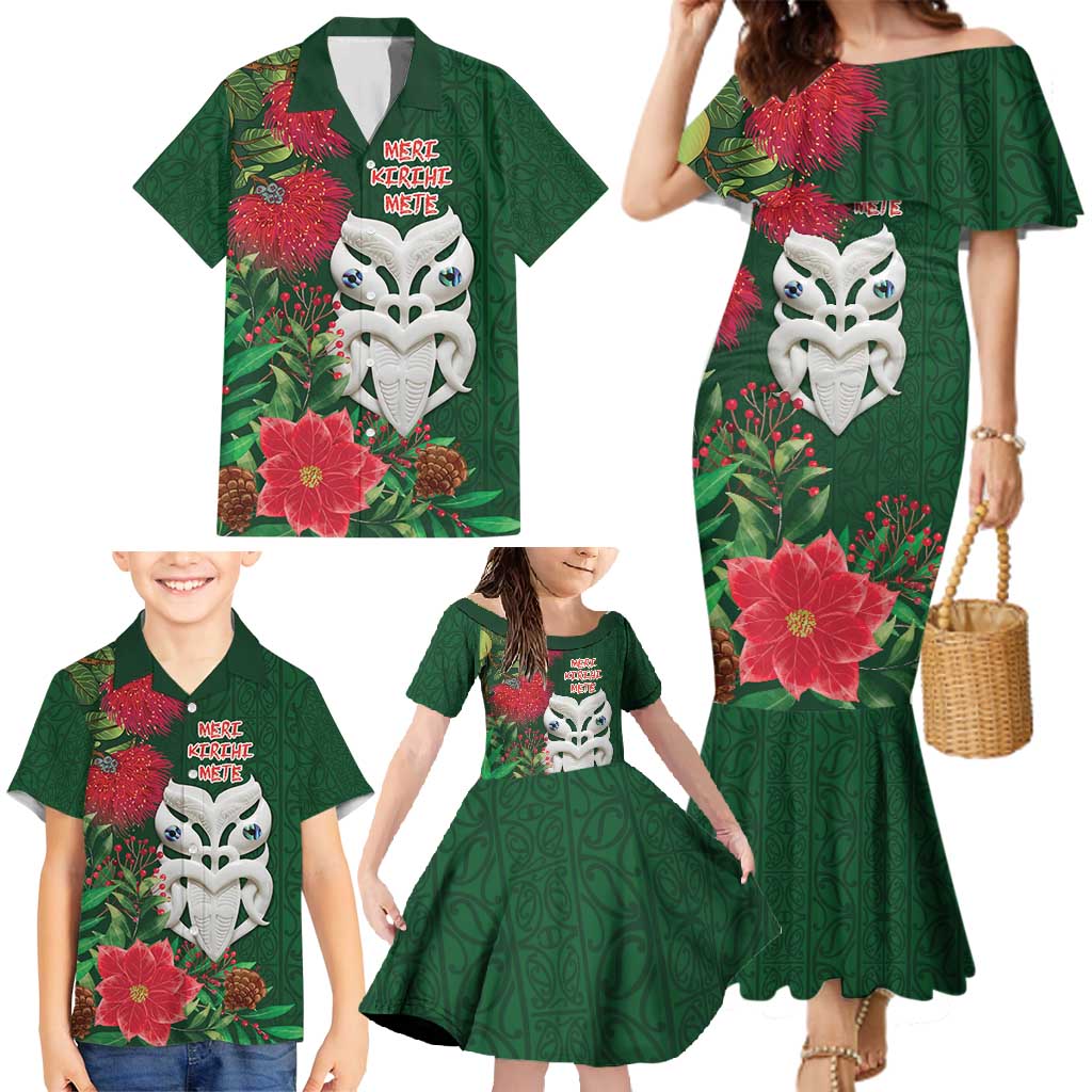 Maori Wheku Meri Kirihimete Personalised Family Matching Mermaid Dress and Hawaiian Shirt All Green Indigenous Maori Motif - Polynesian Pride