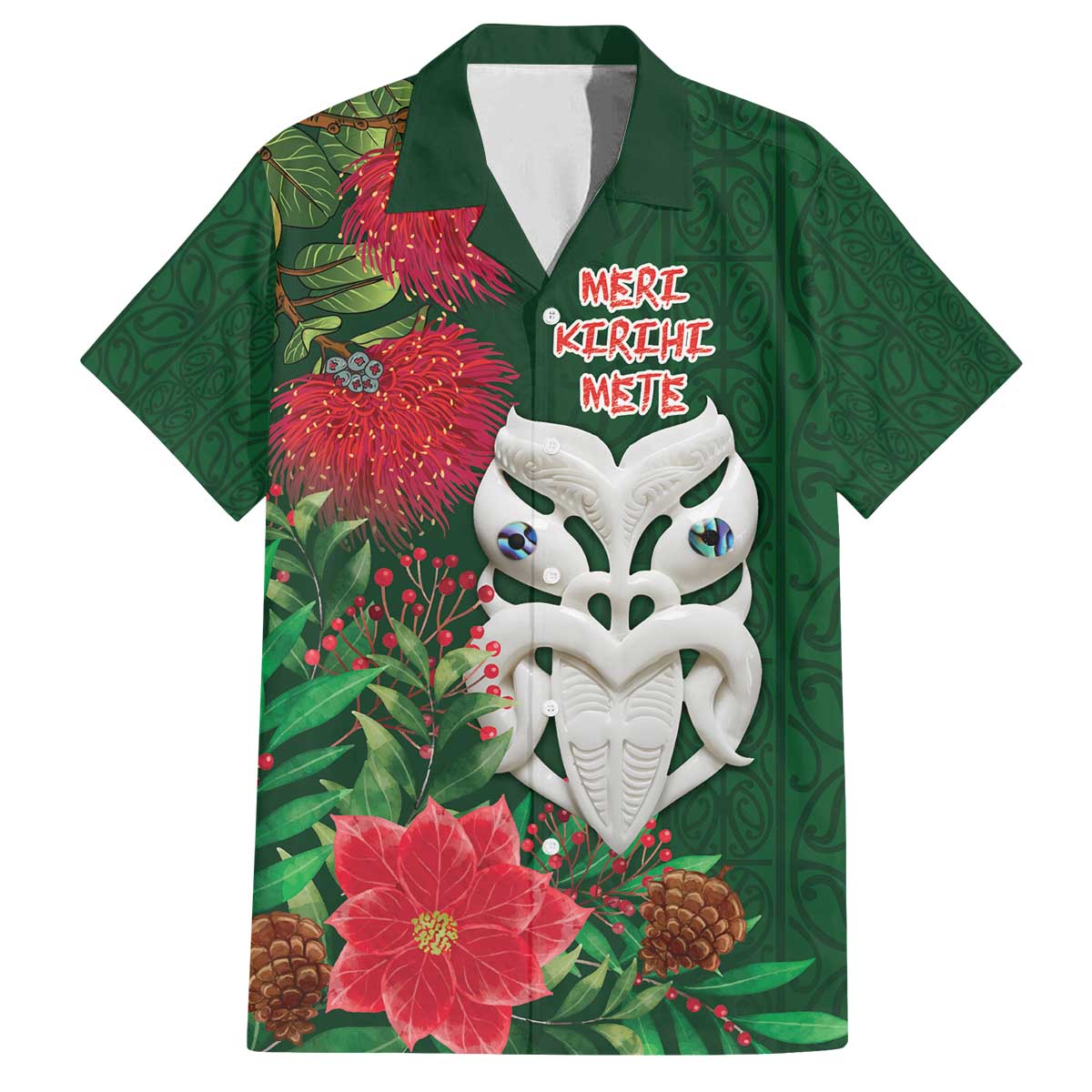 Maori Wheku Meri Kirihimete Personalised Family Matching Off The Shoulder Long Sleeve Dress and Hawaiian Shirt All Green Indigenous Maori Motif - Polynesian Pride