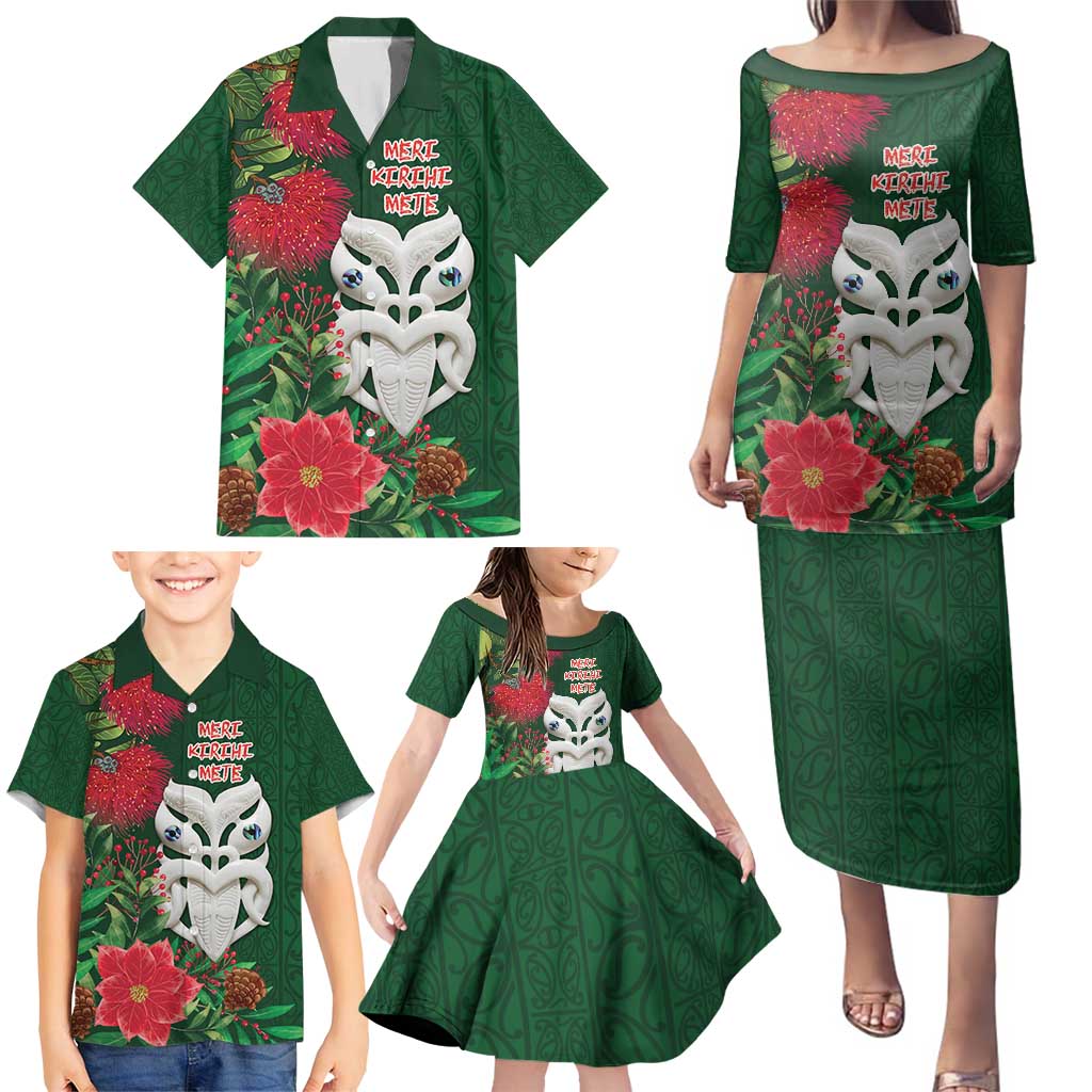 Maori Wheku Meri Kirihimete Personalised Family Matching Puletasi and Hawaiian Shirt All Green Indigenous Maori Motif - Polynesian Pride