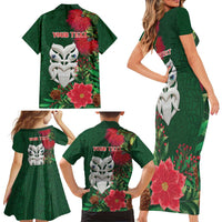 Maori Wheku Meri Kirihimete Personalised Family Matching Short Sleeve Bodycon Dress and Hawaiian Shirt All Green Indigenous Maori Motif - Polynesian Pride