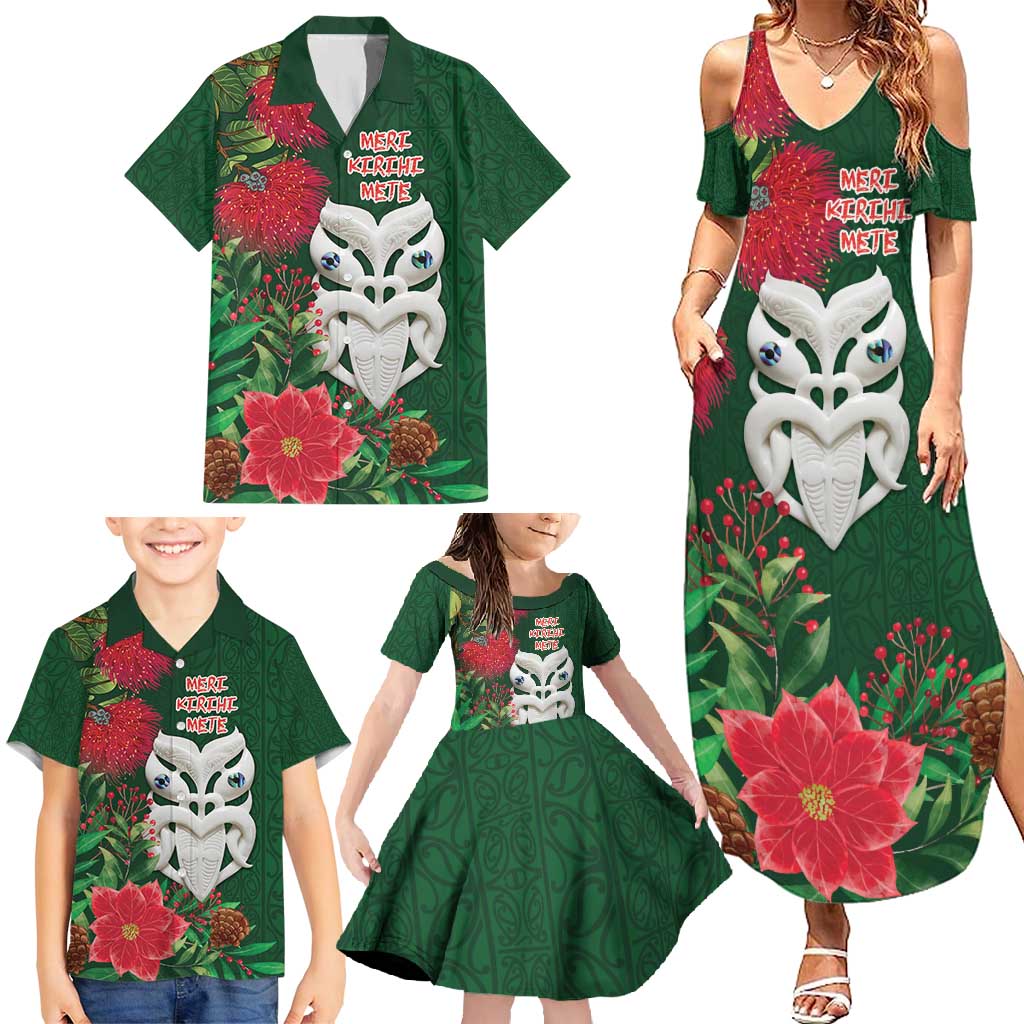 Maori Wheku Meri Kirihimete Personalised Family Matching Summer Maxi Dress and Hawaiian Shirt All Green Indigenous Maori Motif - Polynesian Pride