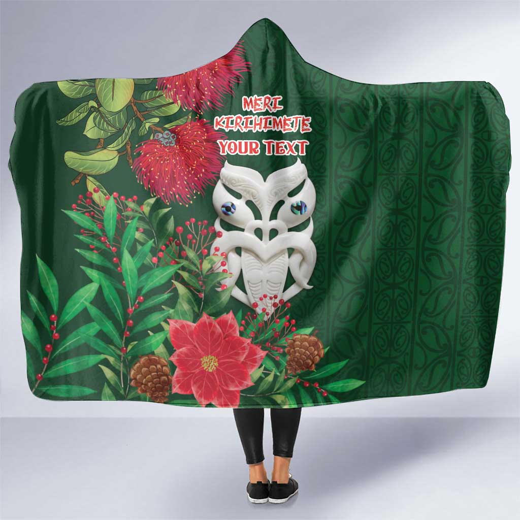 Maori Wheku Meri Kirihimete Personalised Hooded Blanket All Green Indigenous Maori Motif - Polynesian Pride
