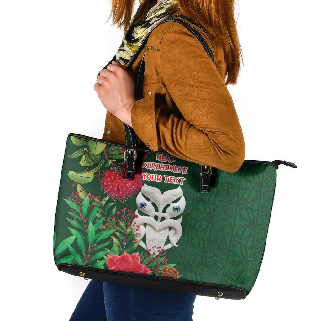 Maori Wheku Meri Kirihimete Personalised Leather Tote Bag All Green Indigenous Maori Motif - Polynesian Pride