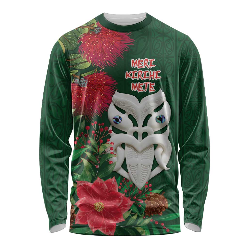 Maori Wheku Meri Kirihimete Personalised Long Sleeve Shirt All Green Indigenous Maori Motif - Polynesian Pride