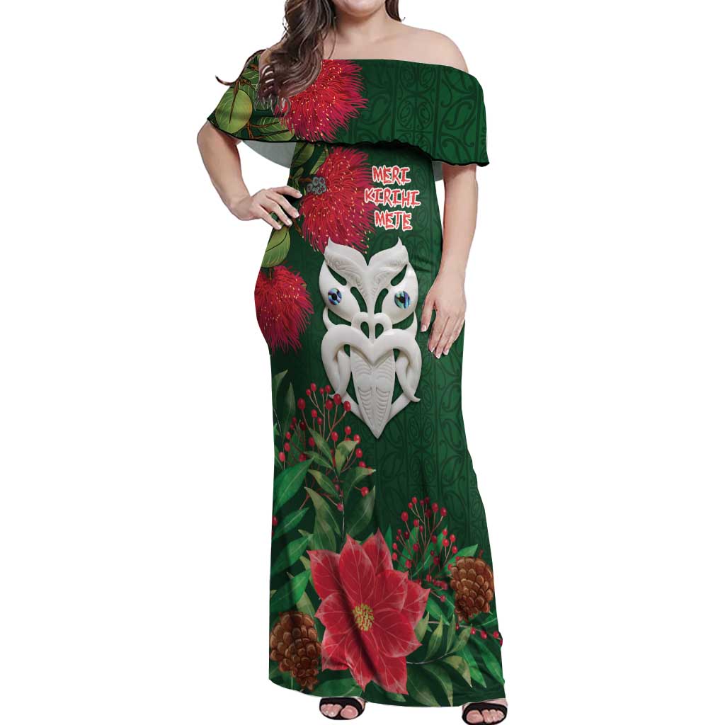 Maori Wheku Meri Kirihimete Personalised Off Shoulder Maxi Dress All Green Indigenous Maori Motif - Polynesian Pride