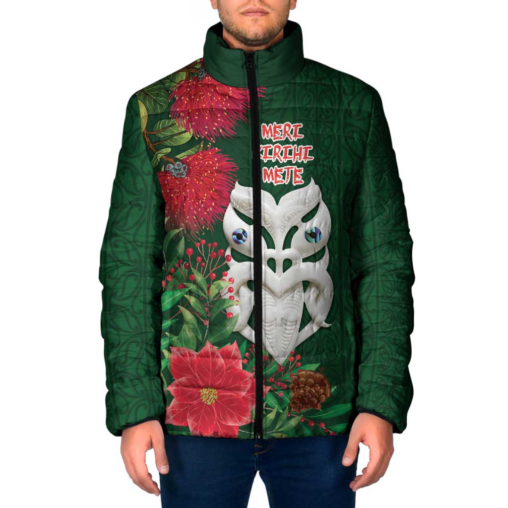 Maori Wheku Meri Kirihimete Personalised Padded Jacket All Green Indigenous Maori Motif - Polynesian Pride