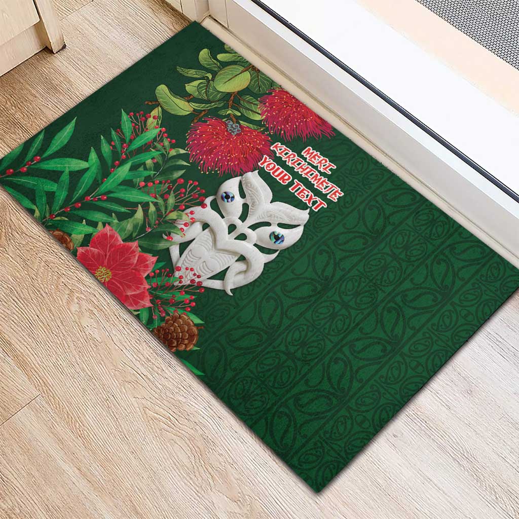 Maori Wheku Meri Kirihimete Personalised Rubber Doormat All Green Indigenous Maori Motif - Polynesian Pride