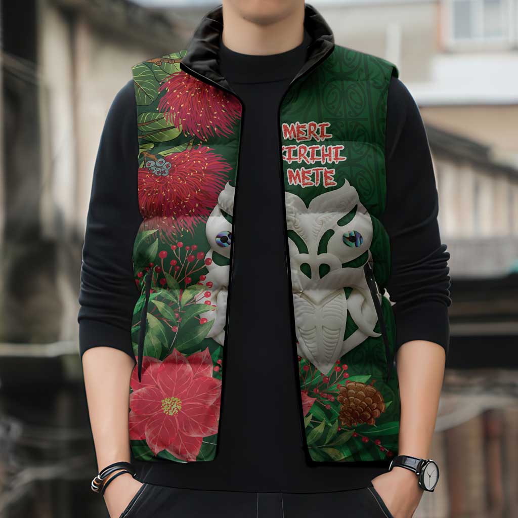 Maori Wheku Meri Kirihimete Personalised Sleeveless Puffer Jacket All Green Indigenous Maori Motif - Polynesian Pride