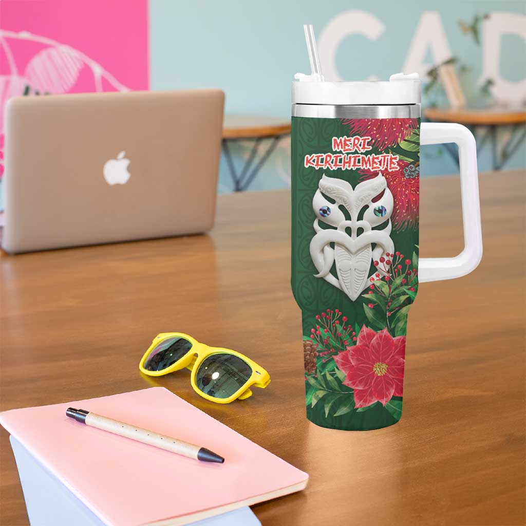 Maori Wheku Meri Kirihimete Personalised Tumbler With Handle All Green Indigenous Maori Motif - Polynesian Pride