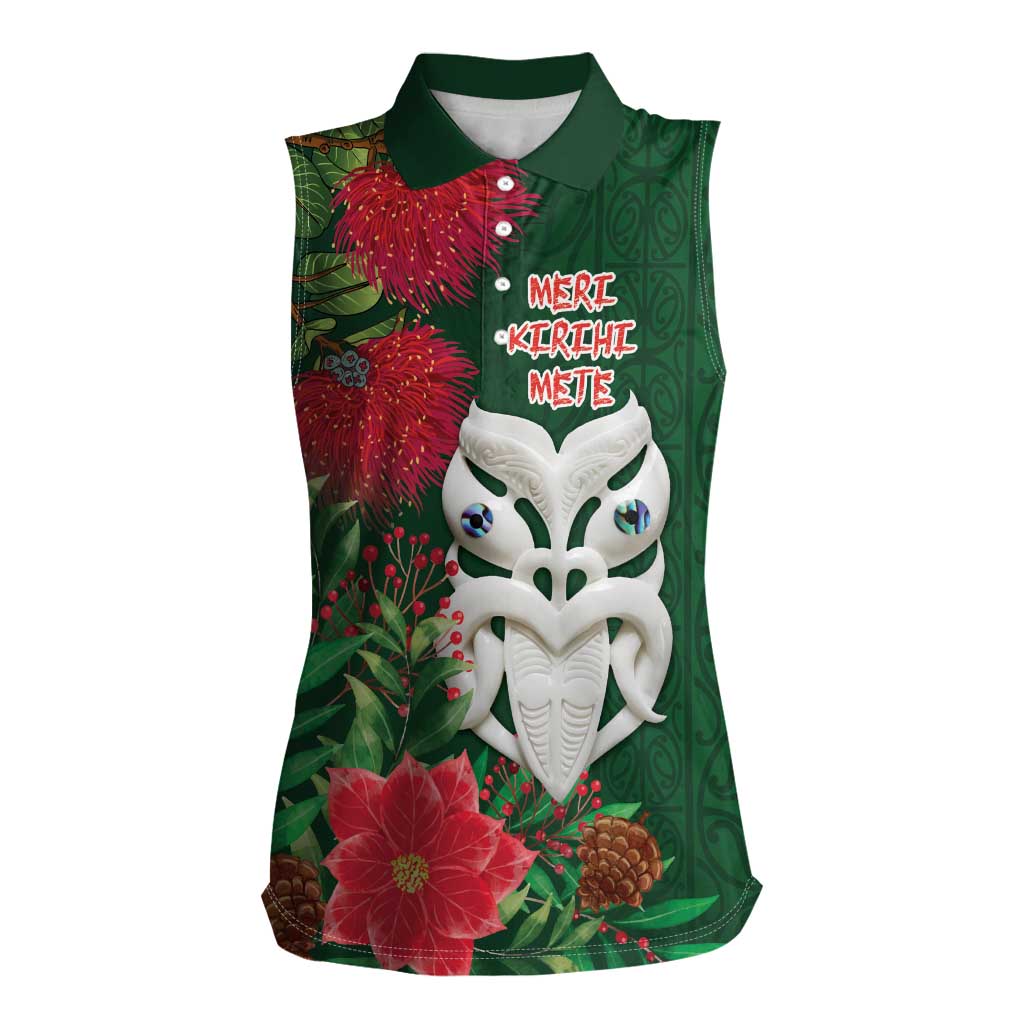 Maori Wheku Meri Kirihimete Personalised Women Sleeveless Polo Shirt All Green Indigenous Maori Motif - Polynesian Pride